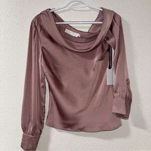 ASTR Women's Dusty Rose Satin One-Shoulder Draped Blouse Small